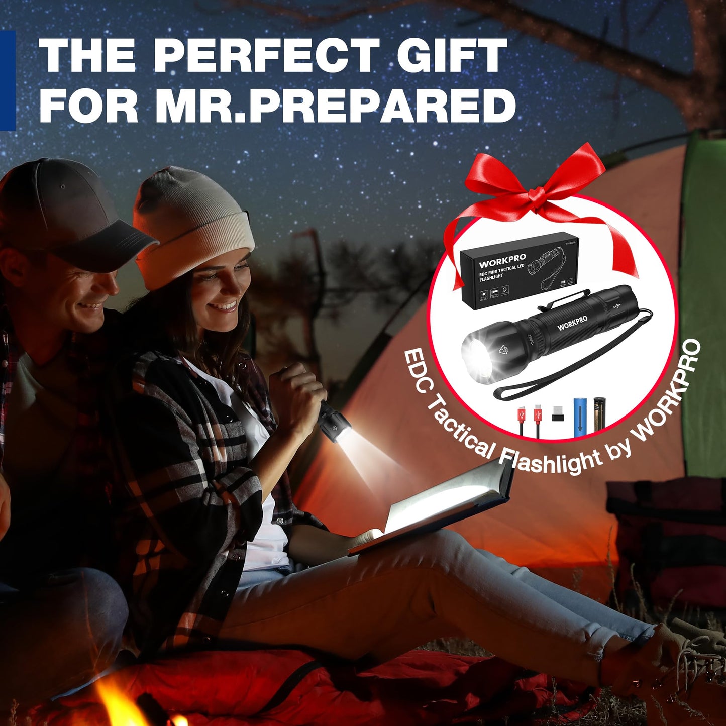 WORKPRO 1200LM Rechargeable Tactical Flashlight, Mini EDC, 7 Light Modes, Zoomable, Aluminum, Black, Model W139025