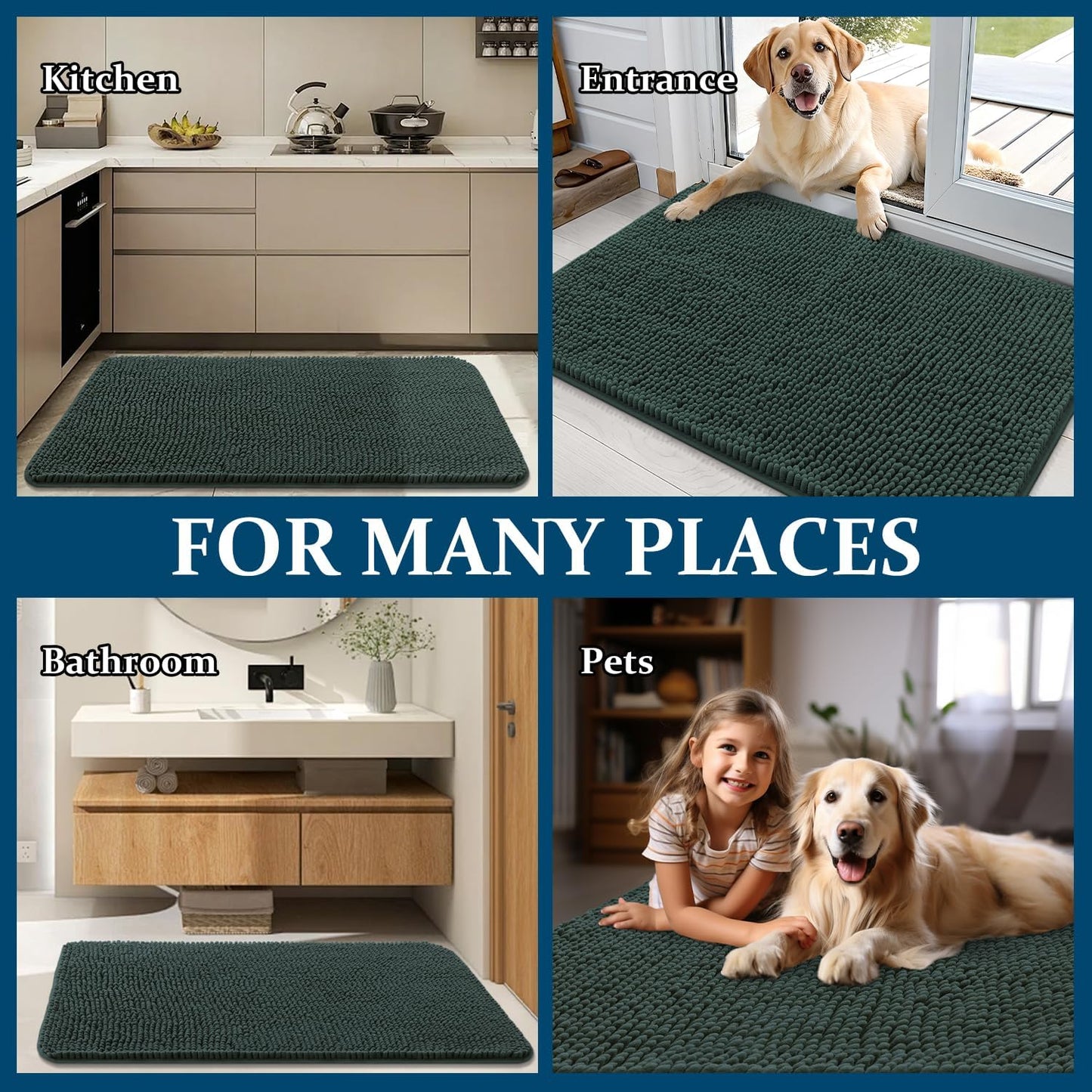 OLANLY Dog Door Mat - Absorbent Non-Slip Chenille Mat for Muddy Paws | 59x20 Inches, Blackish Green