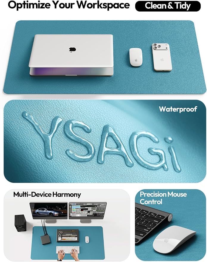 YSAGi Leather Desk Pad Protector, Office Desk Mat, Large Mouse Pad, Non-Slip PU Leather Desk Blotter, Laptop Desk Pad, Waterproof Desk Writing Pad for Office and Home (Turquoise,47.2" x 23.6")