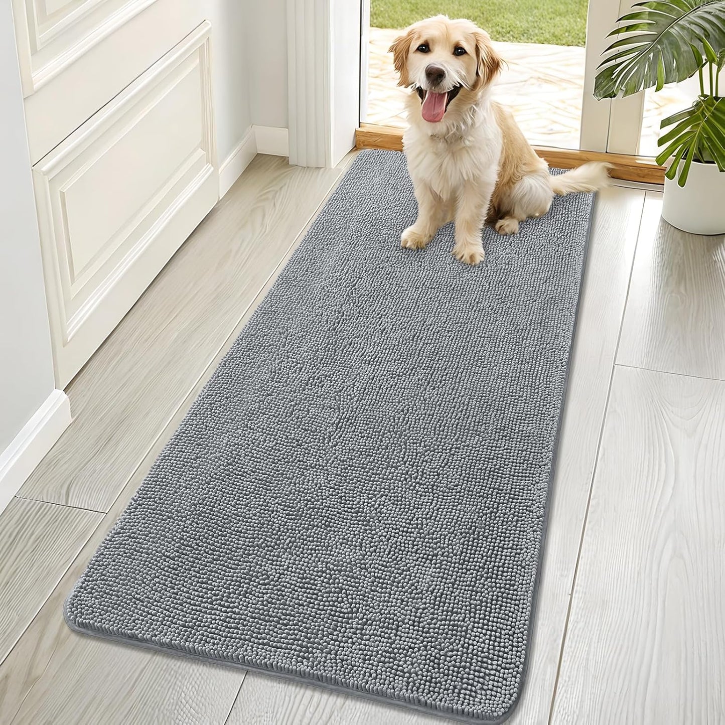 OLANLY Dog Door Mat - Absorbent Non-Slip Chenille Mat for Muddy Paws | 70x32 Grey Indoor Entryway Carpet