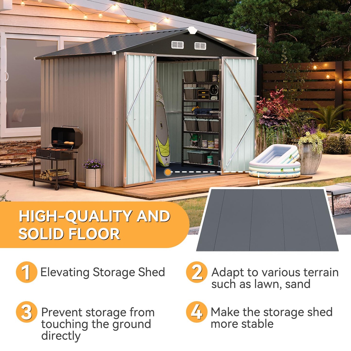 Aoxun 8x6FT Shed with Floor Galvanized Steel Outdoor Storage Shed Metal Garden Shed with Double Doors, Moisture-Proof Floor & Ventilation, Sloped Roof for Bike/Generator/Tool Storage (Brown)