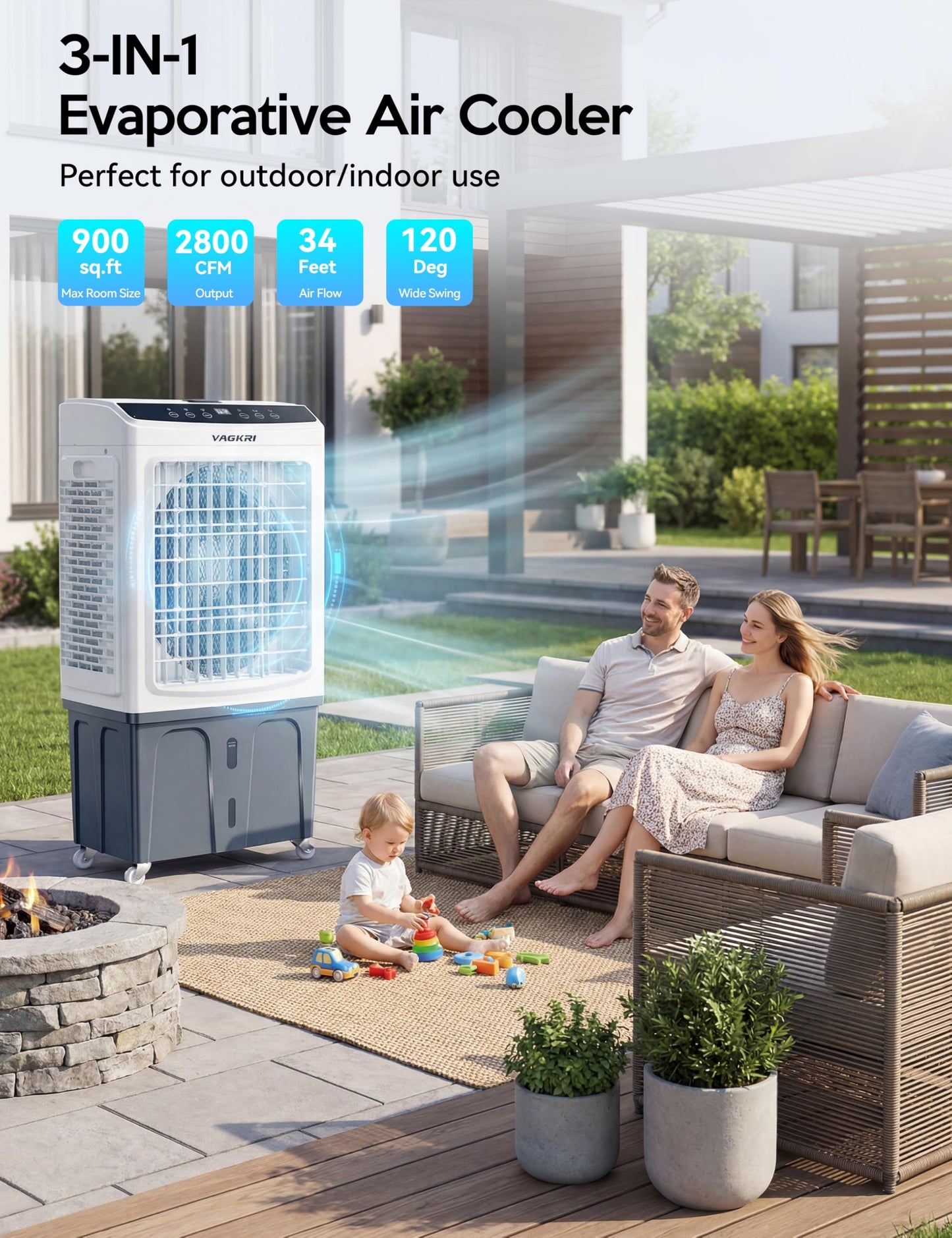 Evaporative Air Cooler, Outdoor Swamp Cooler Air Conditioner 3-IN-1 Cooling Fan with Remote Control Water Self-filling, 24H Time, 3 Modes & Wind for Garage, Yard, Commercial Use