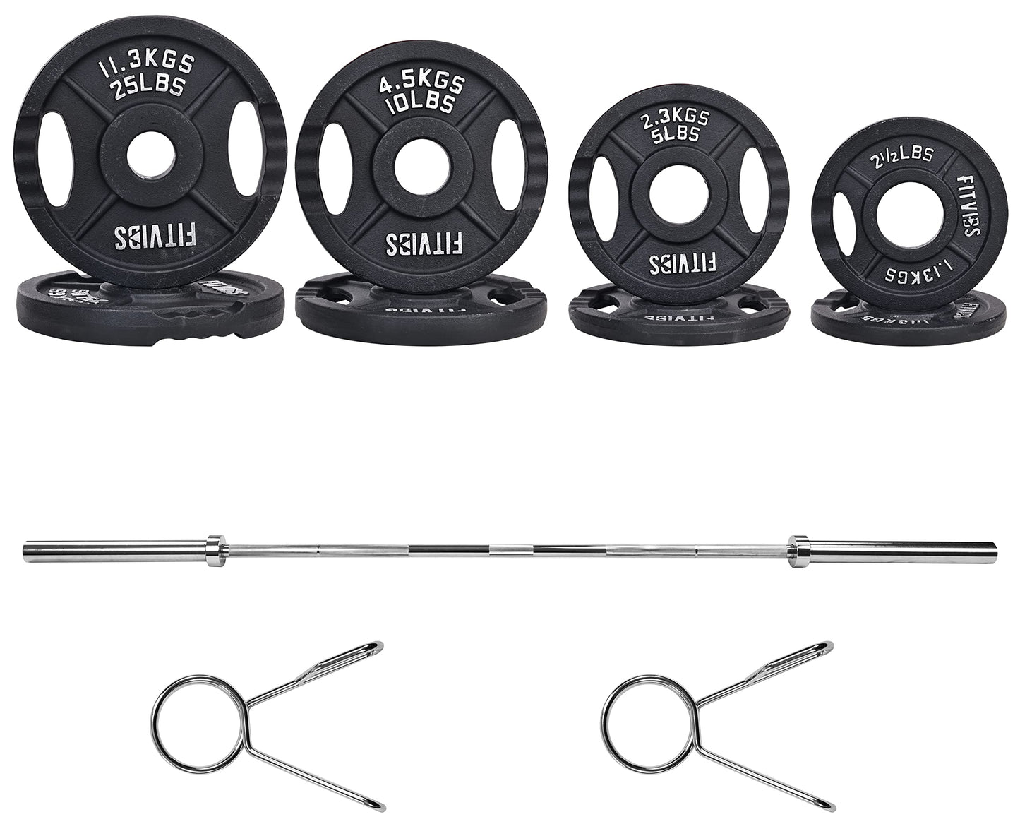 Signature Fitness Cast Iron Olympic 2-Inch Weight Plates Including 7FT Olympic Barbell, 130-Pound Set (85 Pounds Plates + 45 Pounds Barbell), Multiple Packages, Style #2