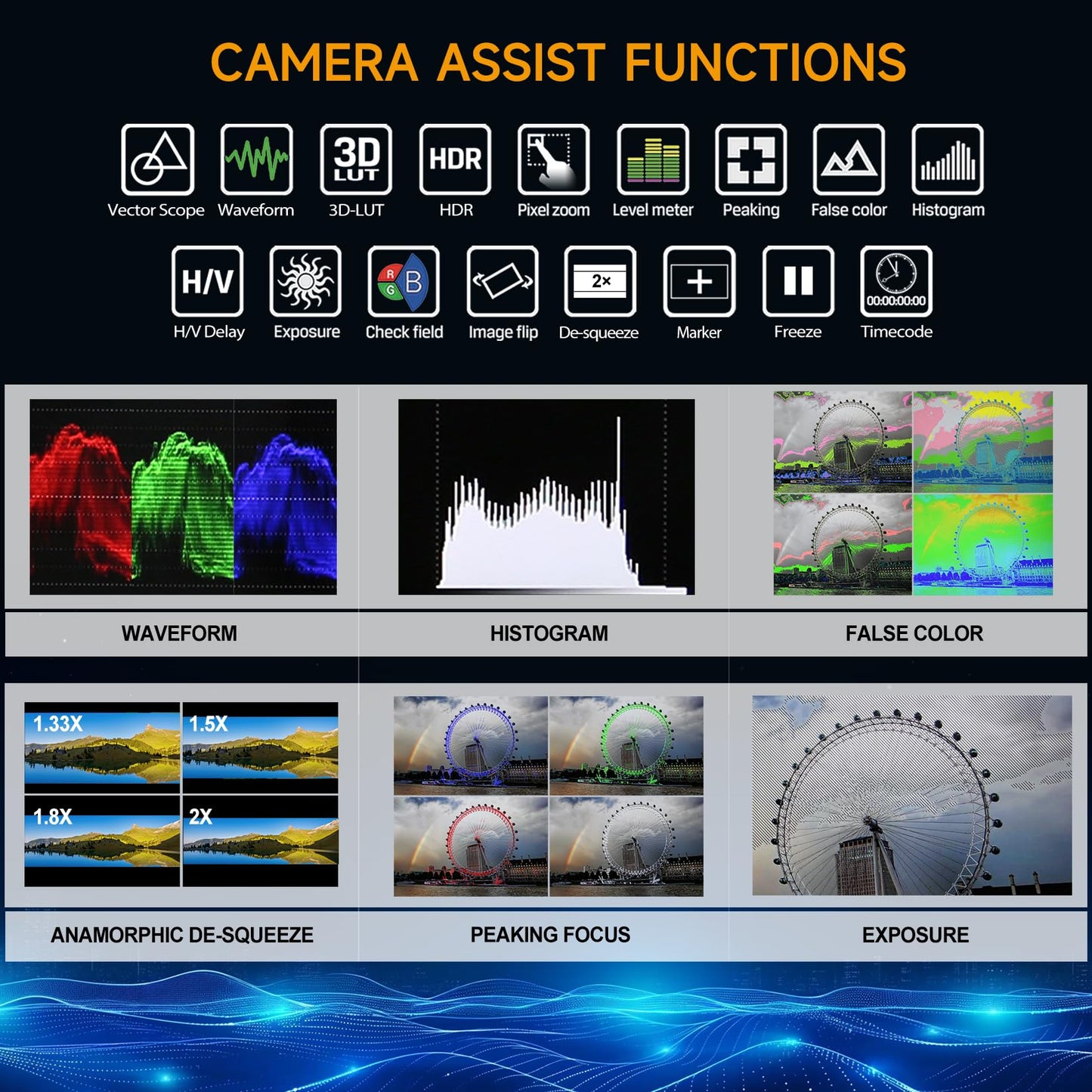 Camera Monitor, 2000nits Ultra-Bright 5.5 Inch Touch Control Screen with HDMI 2.0 3G-SDI Input Output LANC 3D-LUT Waveform Histogram, HT5S