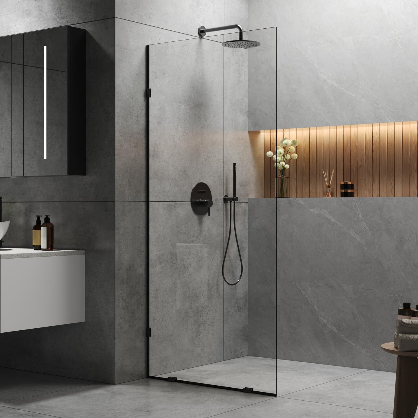 DeerValley 34"×74" Shower Glass Panel, 5/16'' (8mm) Thick Fixed Glass Shower Panel, Frameless Shower Screen for Walk in Shower, Tempered Glass Half Door with Stainless Steel Clamps (Black)