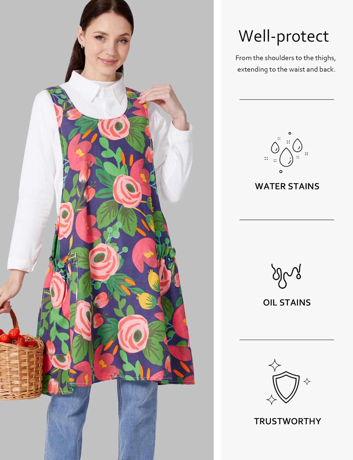 OCXXMME Adjustable Easeful Cross Back Aprons for Women Floral Aprons with Pockets Cotton Linen Blooming Tulips