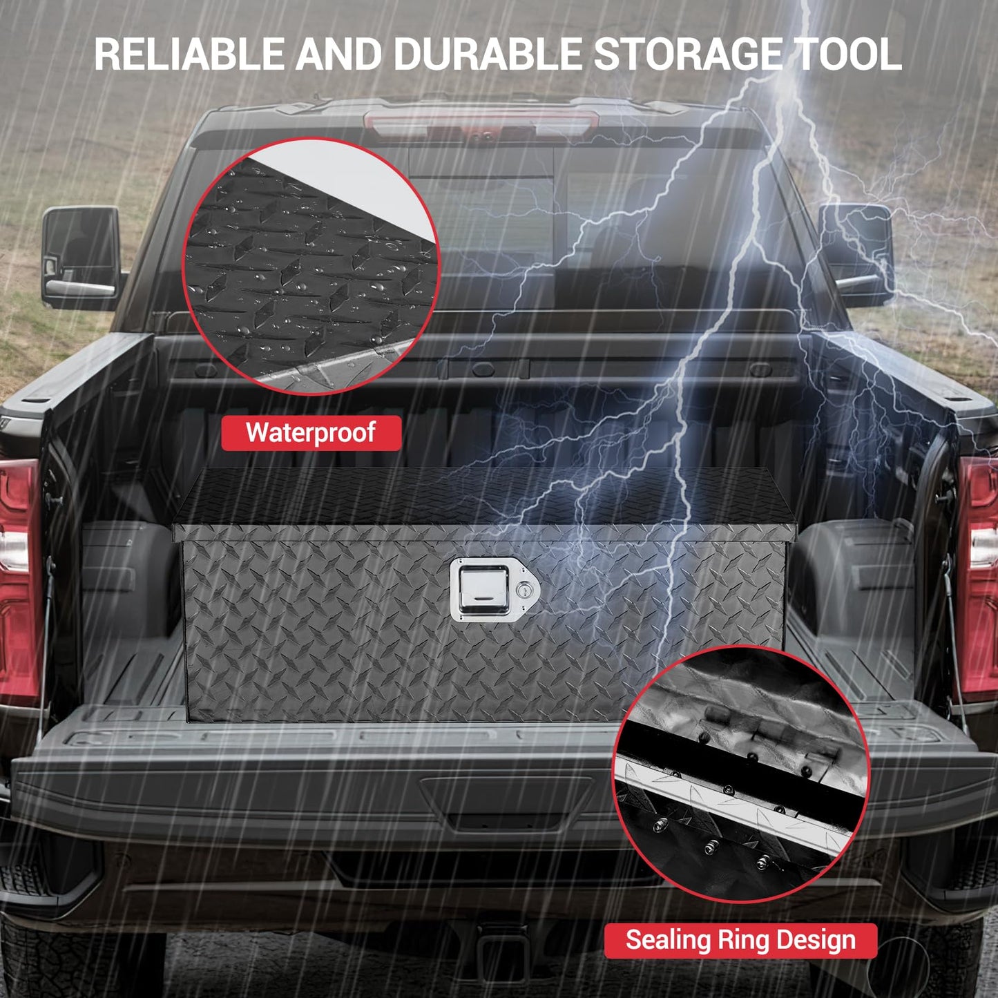 SierraSquad Heavy Duty Aluminum Truck Bed Storage Box, Lockable Waterproof Diamond Plate Chest with Sliding Shelf, Side Handles, Fits Pickup RV Trailer, Secure Organizer Toolbox, 30”