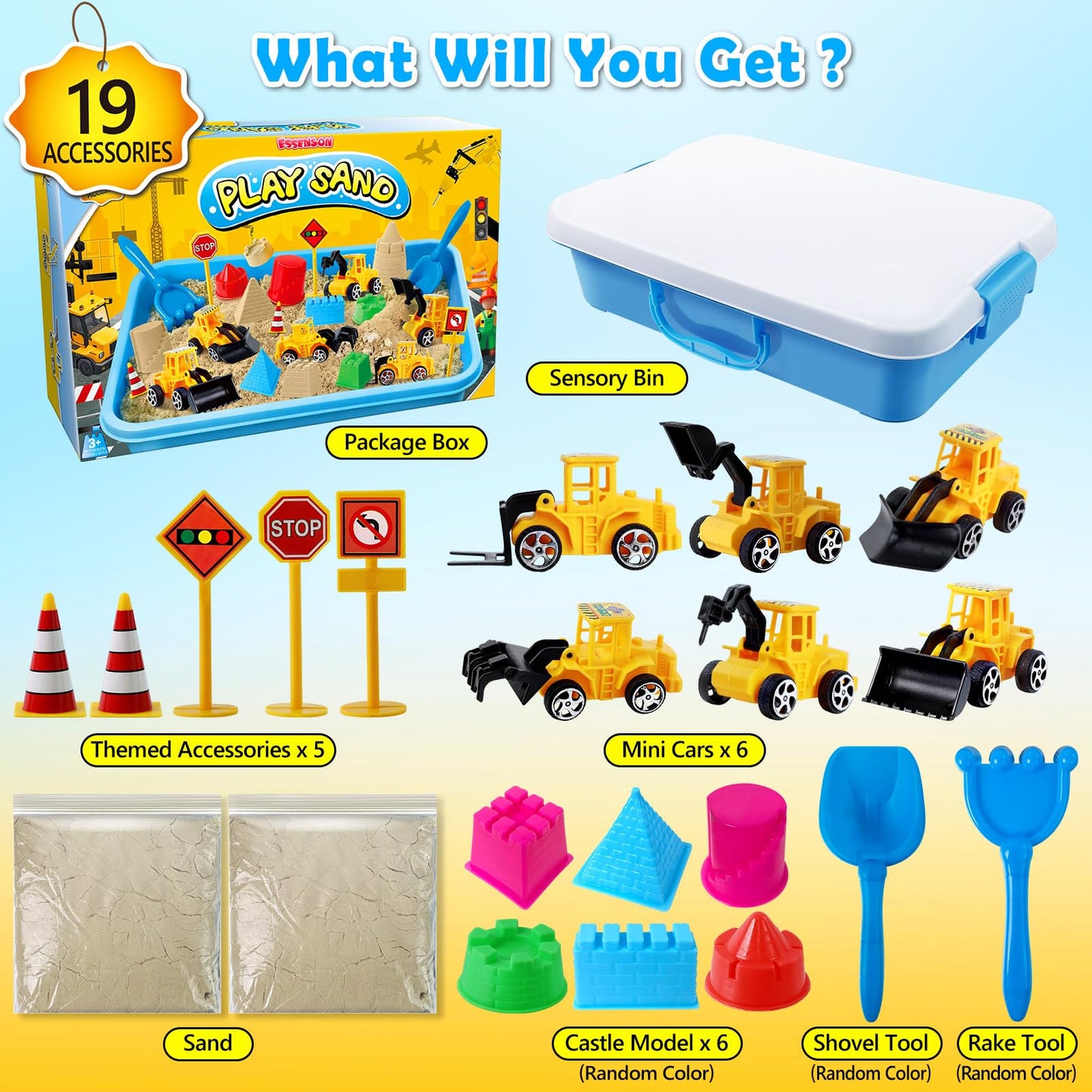 ESSENSON Sensory Bin, Construction Kit with Sensory Sand, Play Sand Pretend Play Beach Toy, Sandbox for Girls and Boys