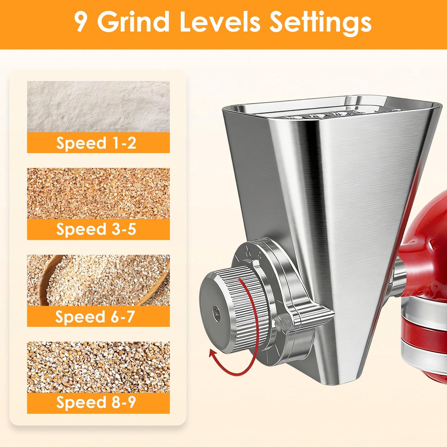 Ezato 2026 Grain Mill Attachment for KitchenAid Stand Mixer, All Metal 9 Levels Flour Mill for KitchenAid, Fit for Grinding Wheat, Corn, Oats, Millet, Coffee Beans