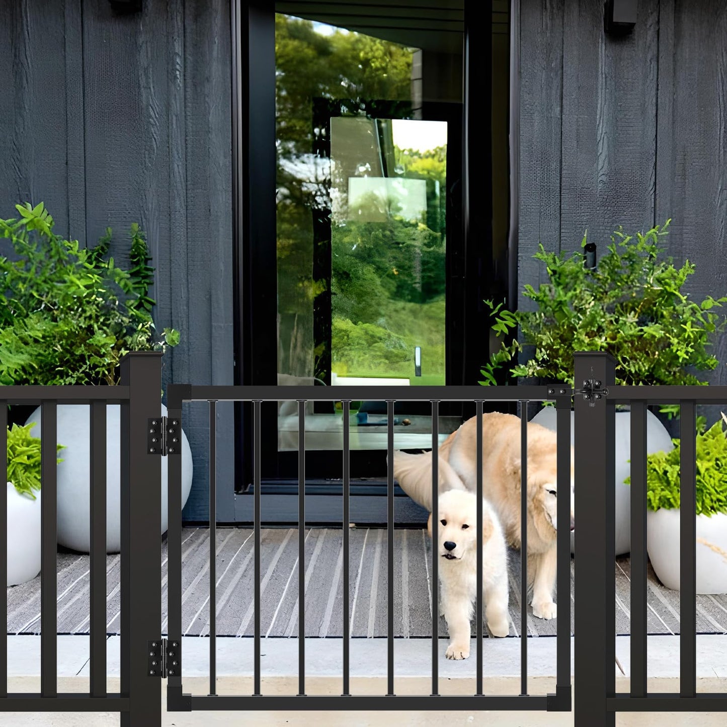 Deck Gate Outoor, 42″ Black Heavy Duty Steel Anti-Rust Fence Door with Adjustable Width (Up to 48"), Easy Installation Metal Gate for Residential, Yard, Patio, with Hinges and Latch