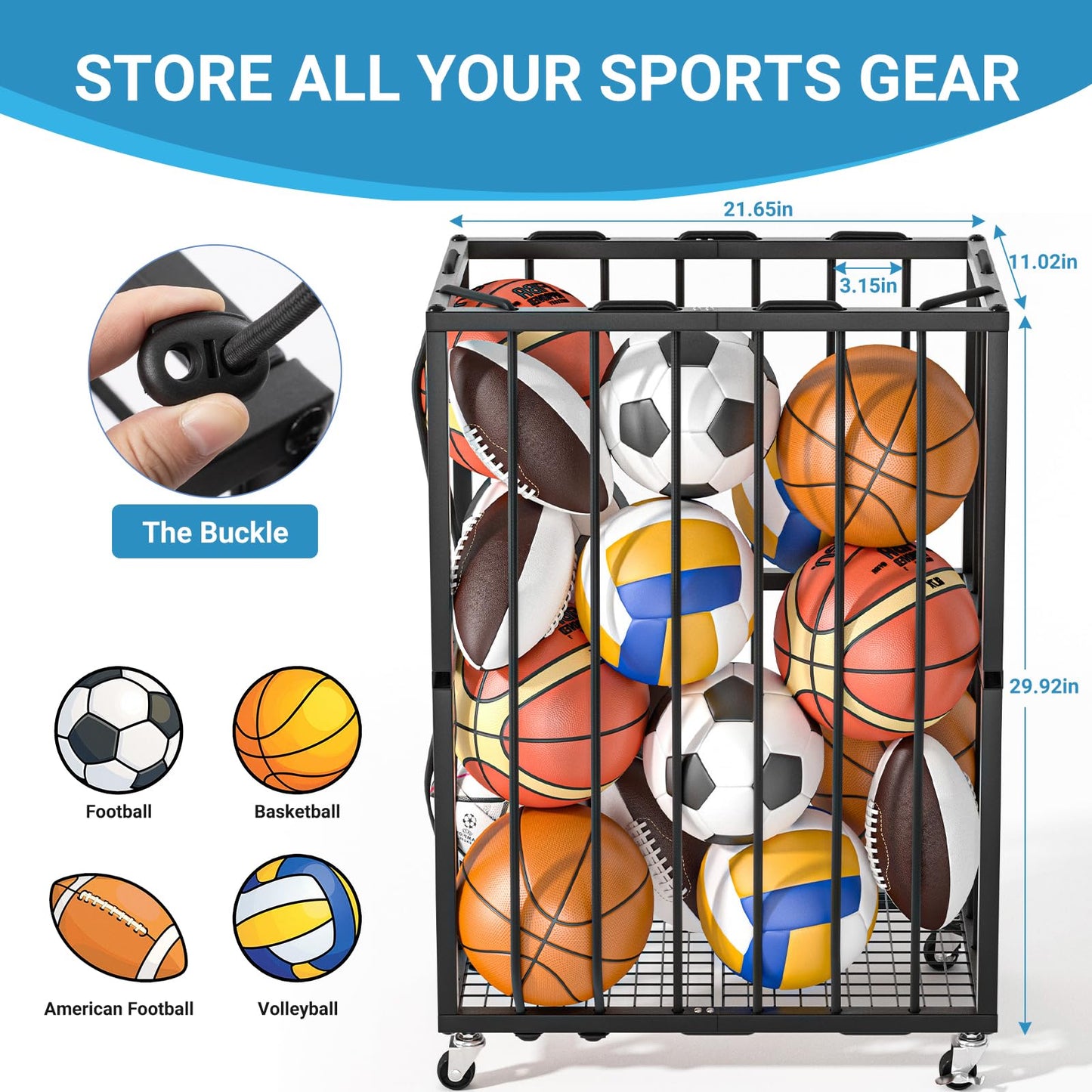 Ball Sports Organizer Storage Cart, Garage Metal Rolling Bin with Thicker Elastic Rope, Ball Holder Rack with Wheels for Volleyball, Basketball, Football, Toys, Gym, Outdoor & Indoor Equipment Storage