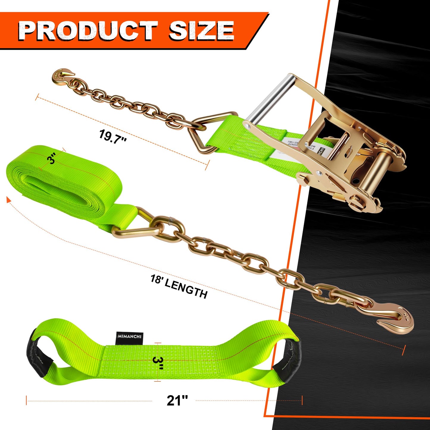 Mimanchi 3 Inch 8 Point Roll Back Tie Down Kit with 3/8" Chain Grab Hooks on Both Ends, 6600 lb WLL, Heavy Duty Tow Truck Straps Car Hauler Carrier Tie Down