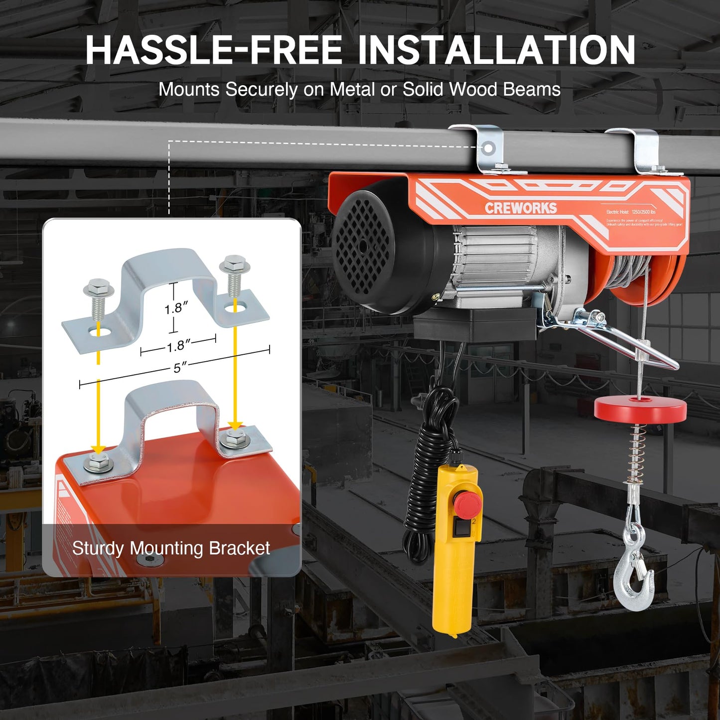 CREWORKS Electric Hoist, 2500lbs Electric Hoist with 16.4ft Wired Remote Control 39ft Single Cable Lifting Height, 1800W Single Double Slings Hoist Lift Ceiling Winch for Factory Warehouse Garage