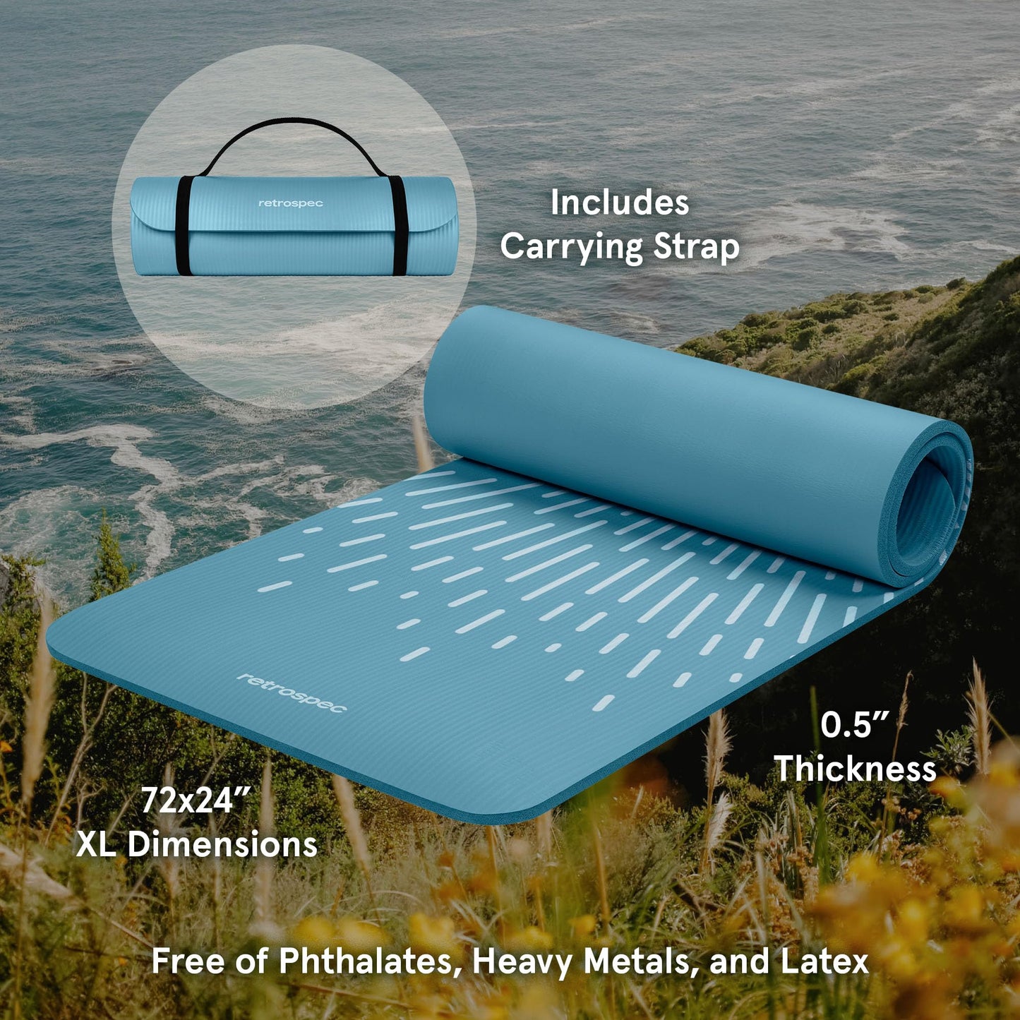 Retrospec Solana Yoga Mat 1/2" Thick w/Nylon Strap for Men & Women - Non Slip Excercise Mat for Yoga, Pilates, Stretching, Floor & Fitness Workouts