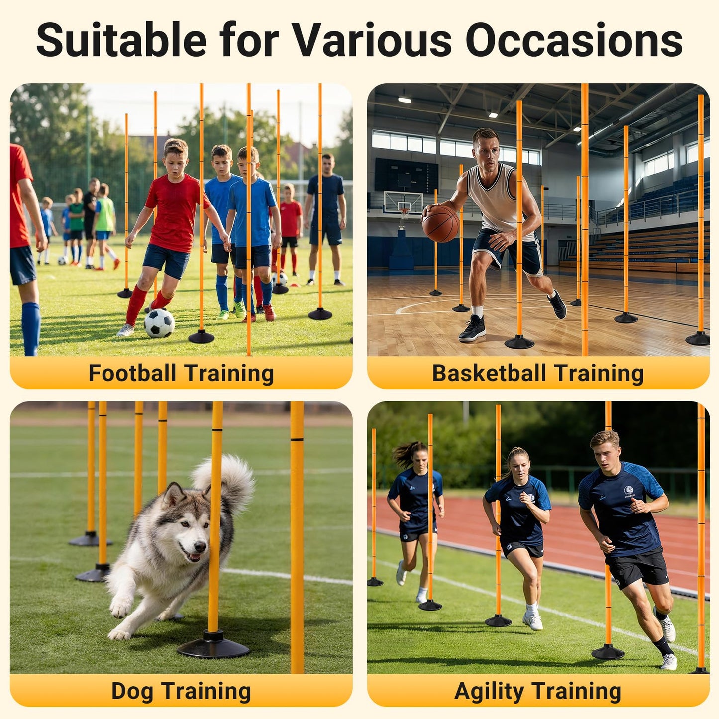 TOMAIX 6 FT Agility Poles 6-Pack with Adjustable Height and Detachable Rubber Bases, Speed Training Poles for Soccer, Basketball, Footwork Drills and Pet Training (Orange)