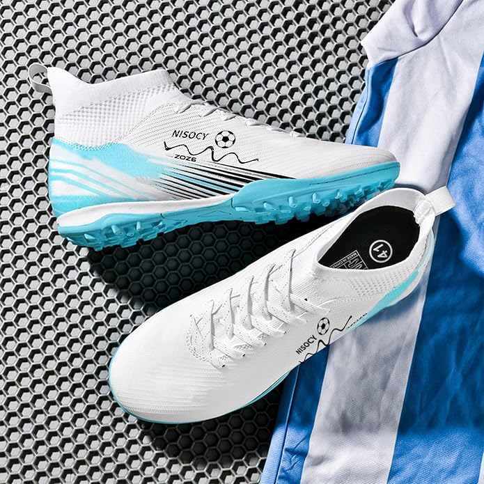 NISOCY Soccer Shoes for Mens Womens Professional Cleats High-Top Athletic Turf Football Shoe Outdoor/Indoor Professional Futsal Football Training Sneaker