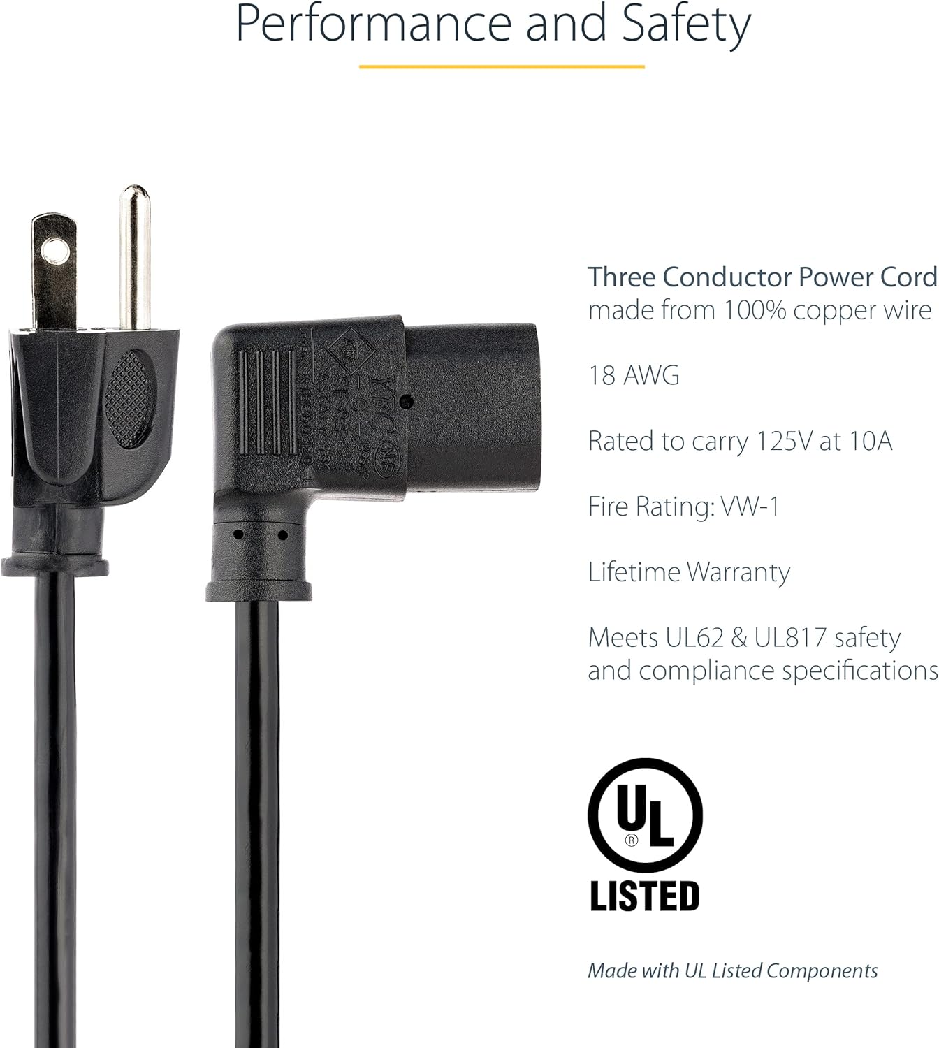 StarTech.com 10ft (3m) 18AWG, 5-15P C13, 10A 125V, (PXT101L10) Computer Power Cord, NEMA to Right Angle Replacement AC