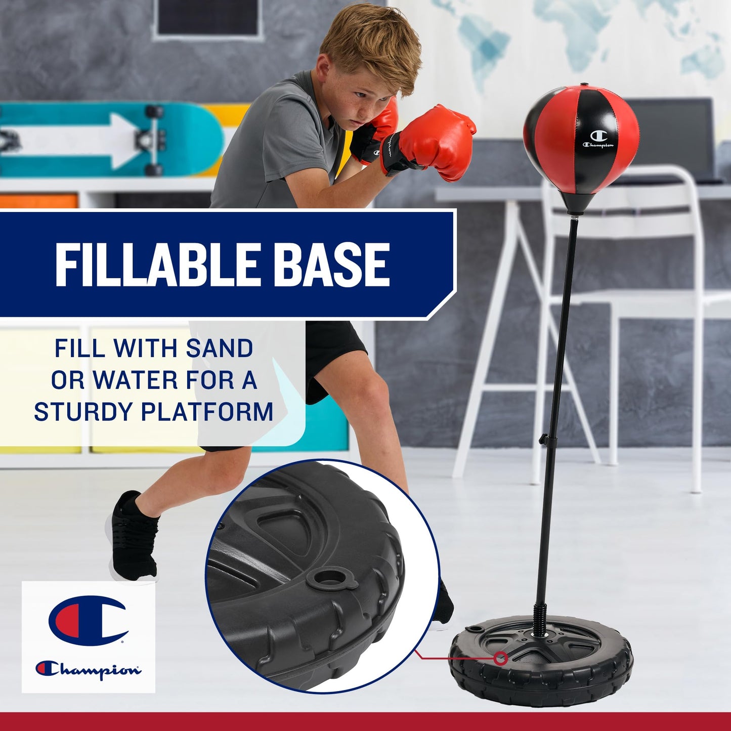 Champion Kids Punching Bag Set for Ages 3-10 – Adjustable 30"–43" Stand, Spring-Rebound Boxing Bag, PU Foam Gloves & Fillable Base – Indoor & Outdoor Youth Boxing Set