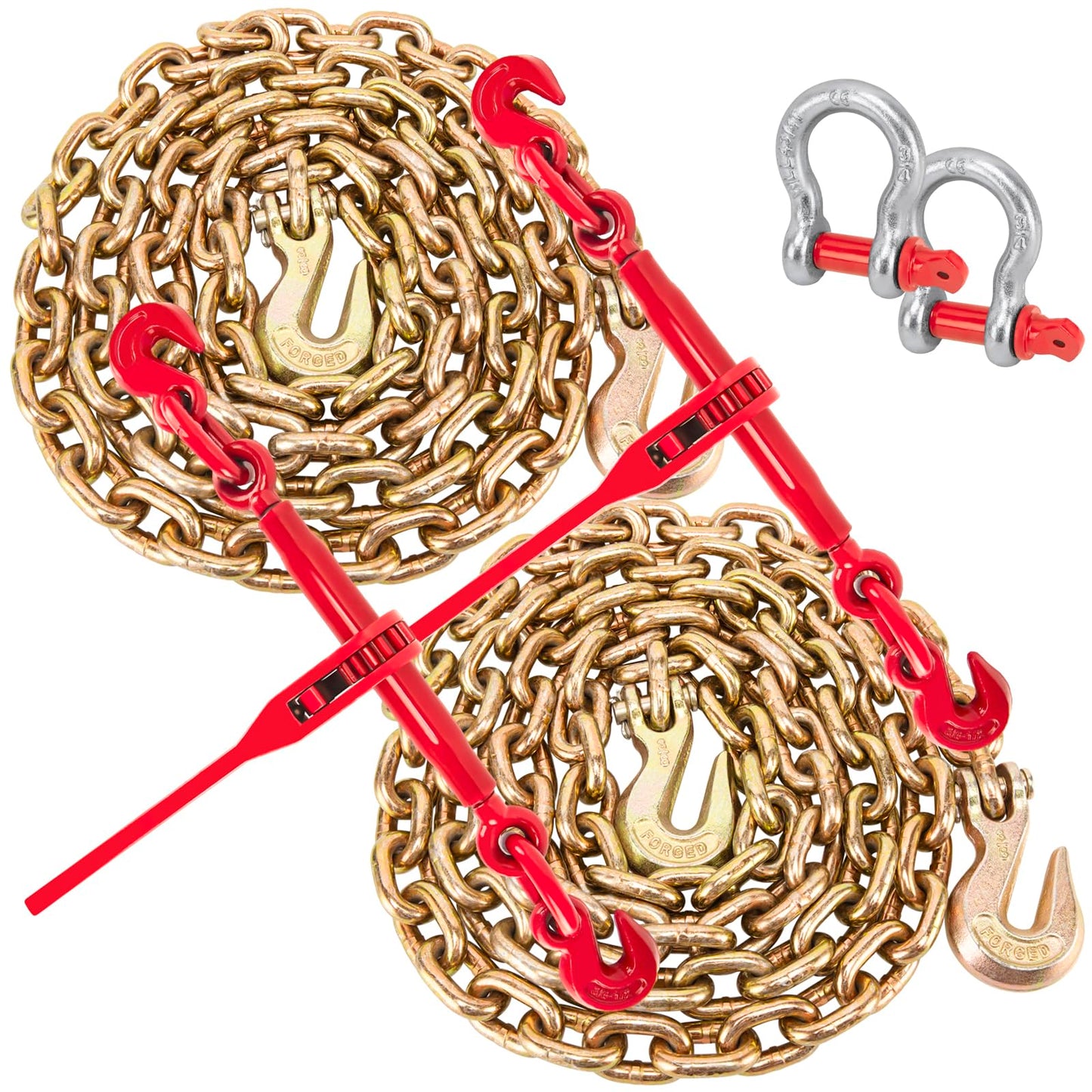 Chain Binders, Transport Chain, Tie Down Chain and Binder 3/8''-1/2'', 10Ft Chains with G70 Hooks, Ratchet Load Binders 9215Lbs Working Strength, Towing Chain for Flatbed Trailer Truck