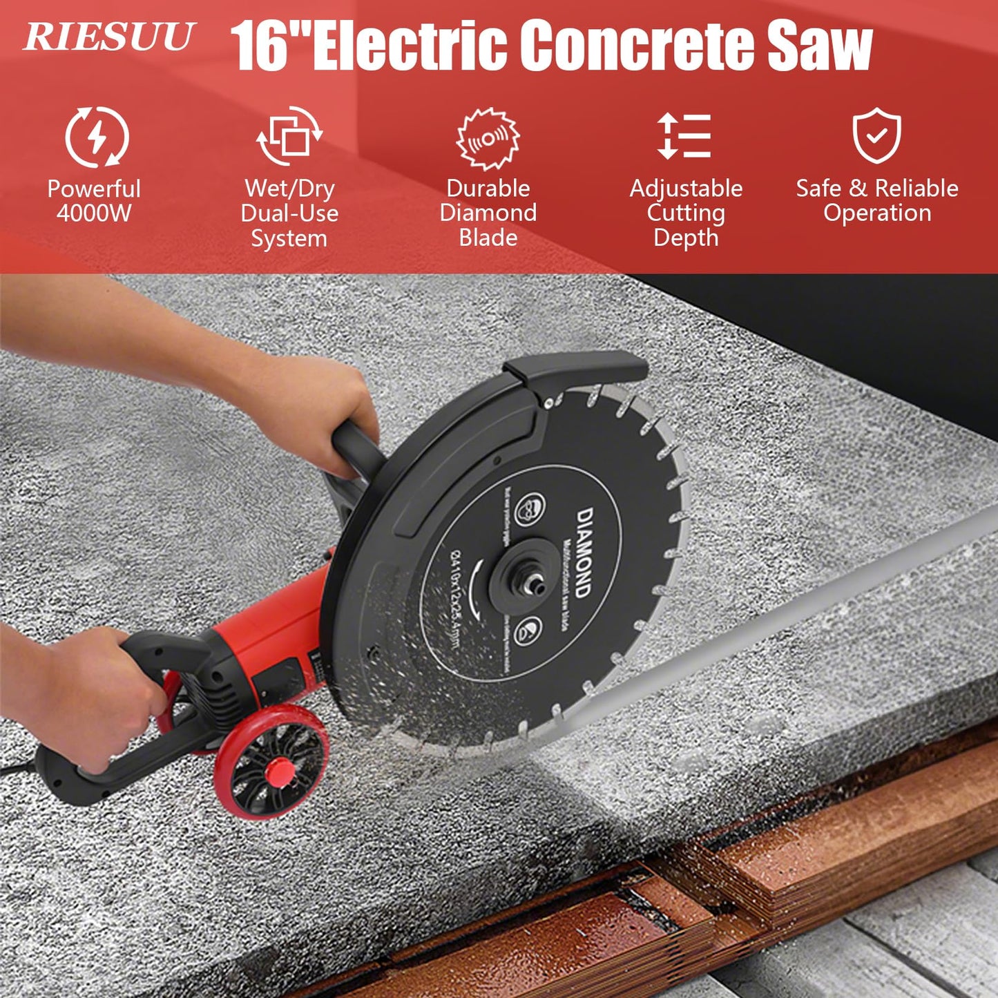 Electric Concrete Saw, 16" Wet/Dry Disk Saw Cutter 4000W Circular Concrete with Water Line, Water Pump and Blade 6.5" Cutting Depth for Stone, Brick, Porcelain, Concrete