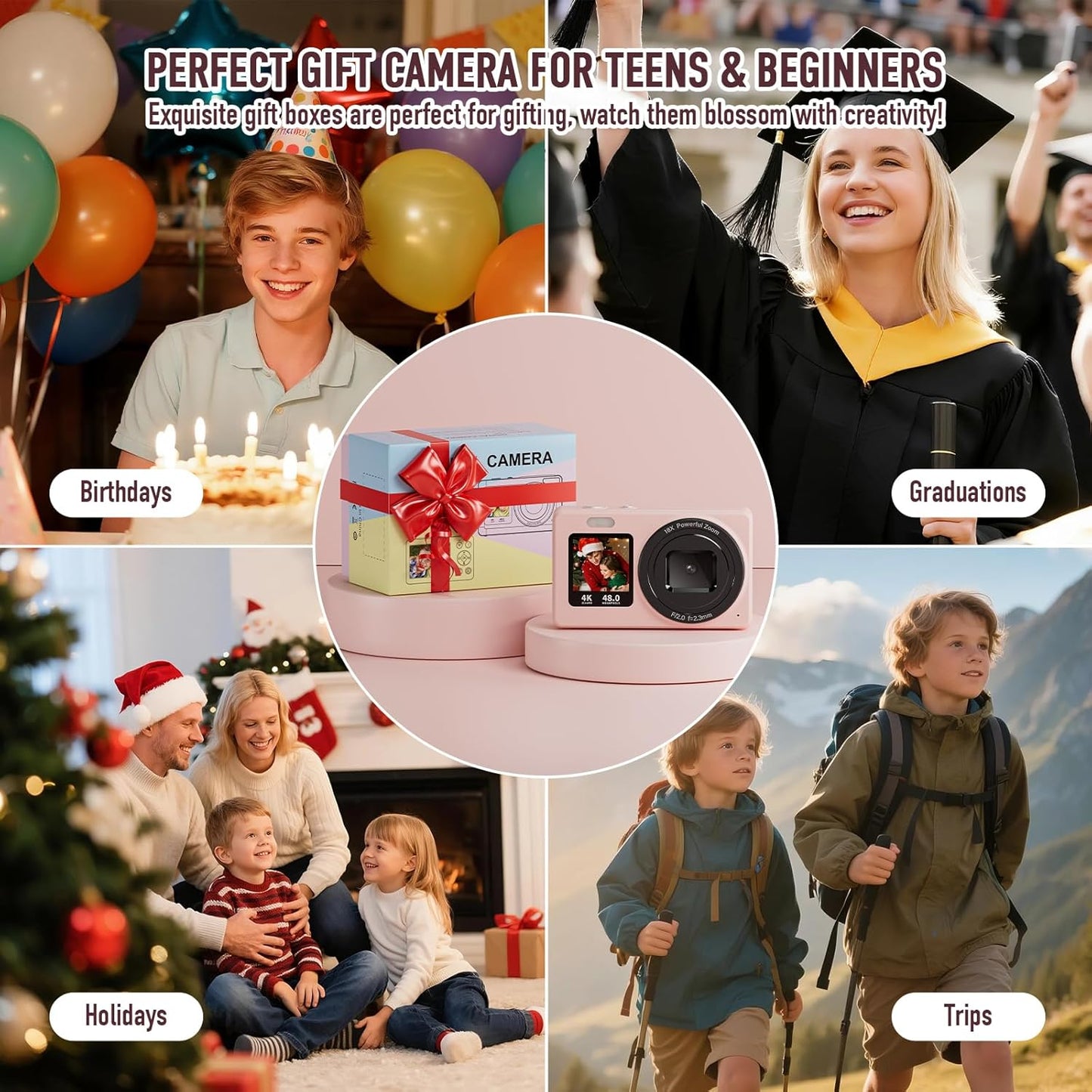 BILEBAK 4K 48MP 18X 32GB Digital Camera, Autofocus Dual Screen for Selfies, Zoom Fill Light, Portable Point and Shoot