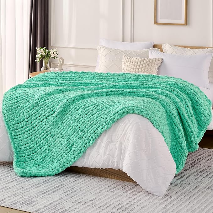 L'AGRATY Chunky Knit Blanket Throw: 60''x80'' Chenille Chunky Knitted Throw Blankets for Bed Couch - Handmade Thick Big Cable Knit Blanket - Large Crochet Rope Blankets for Home Decor(Aqua)