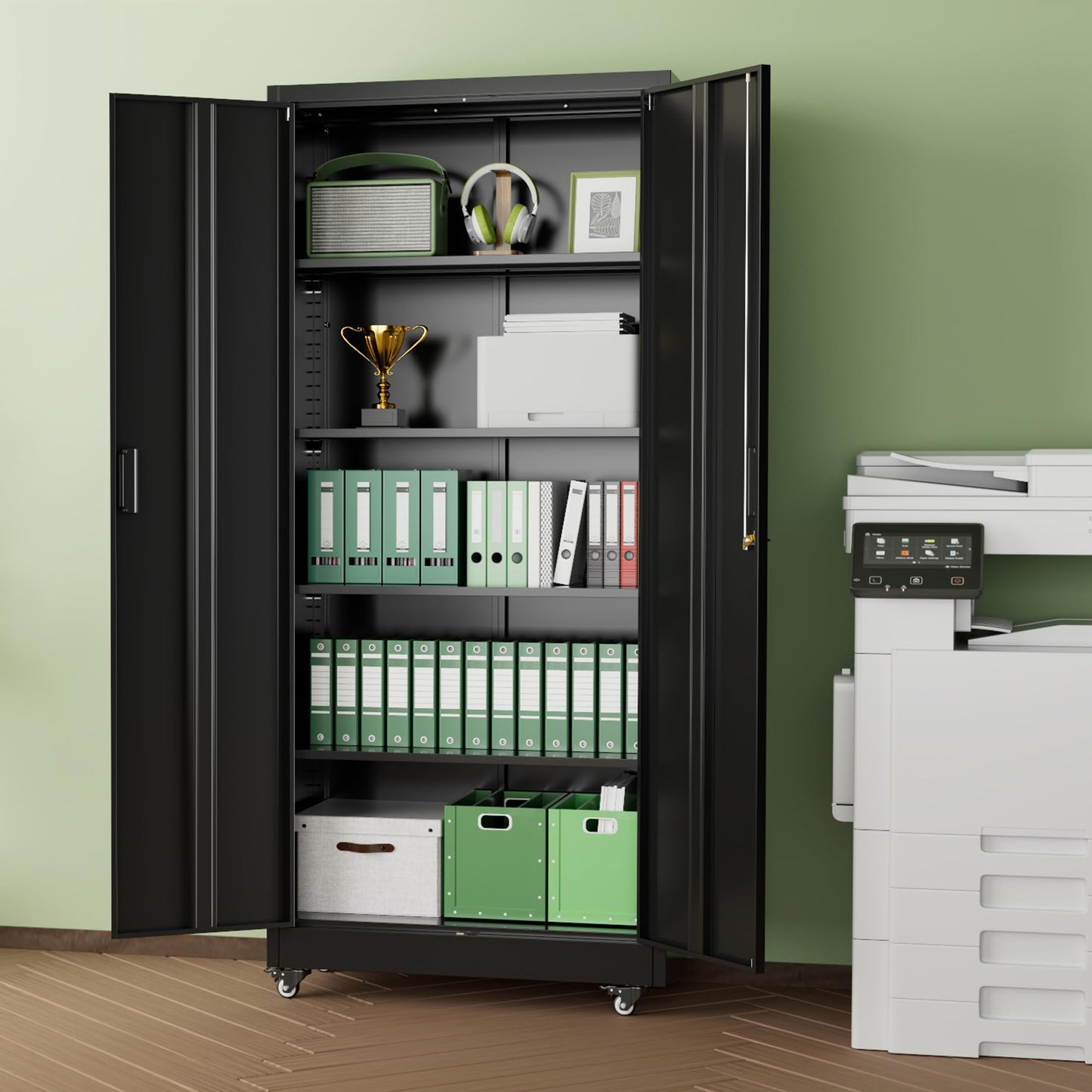 INTERGREAT Metal Storage Cabinet with Wheels, 73" H Rolling Metal Cabinets with Doors and Shelves, Black Steel Lockable Cabinet on Wheels for Garage Storage