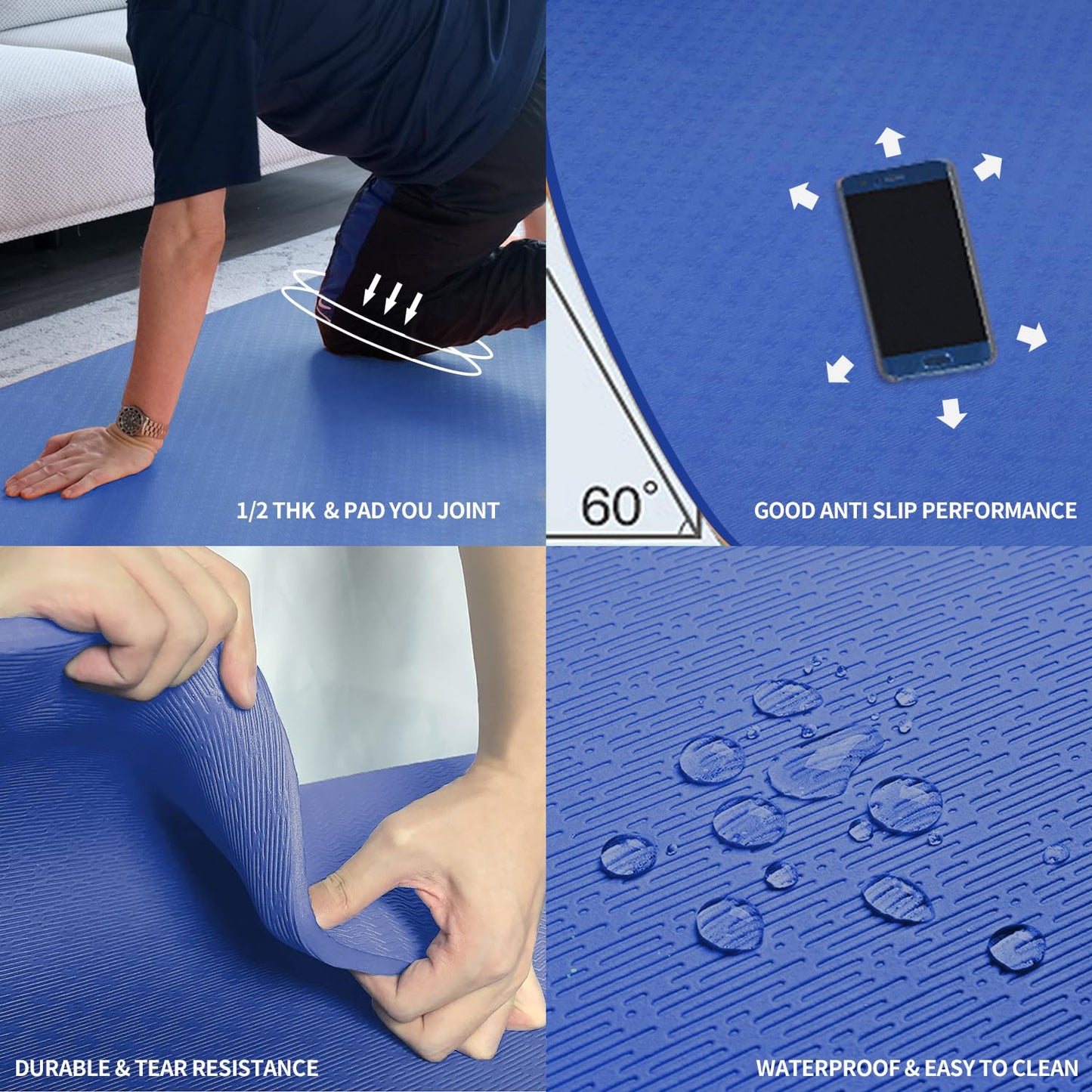 Hatha Yoga Large TPE Yoga Mat 6'x4'x1/2" Extra Thick Non-Slip Exercise Mat - for Yoga Pilates & Home Gym Workouts(Blue)