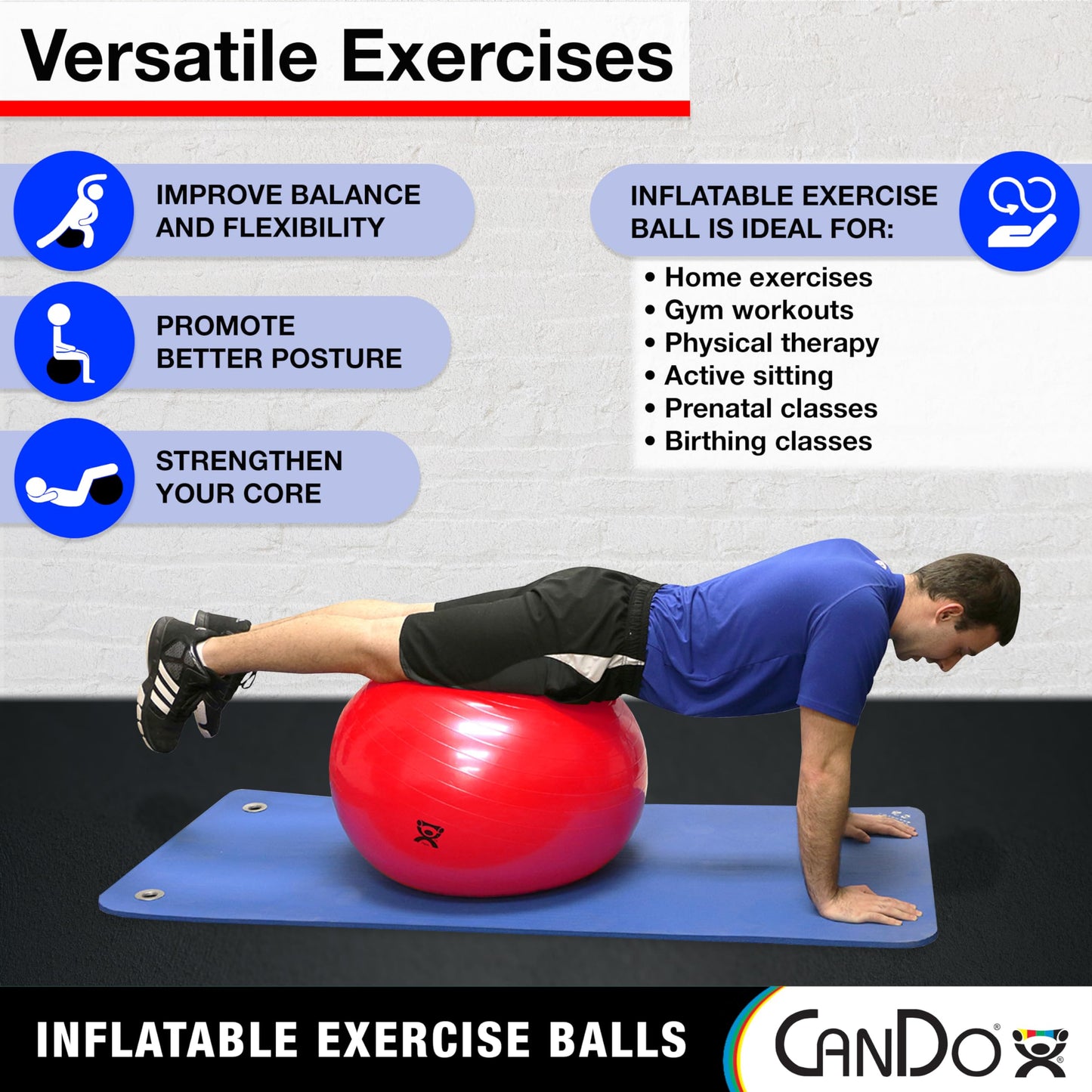 CanDo Inflatable Exercise Ball - Blue 34", Durable Extra Thick Non-Slip Stability Ball for Core Workouts, Yoga, Pilates, Active Seating, Physical Therapy, Pregnancy, Home Gym, Flexibility