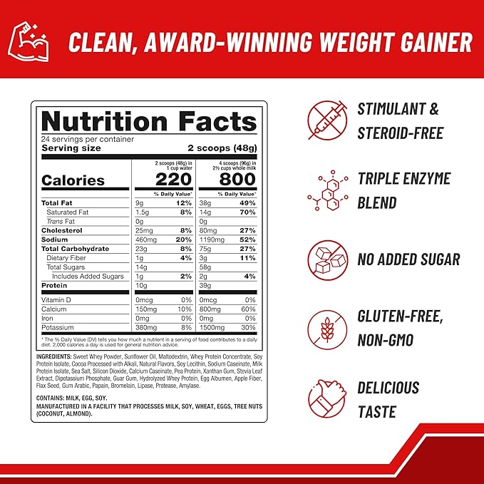 Naturade All Natural Weight Gain Drink Mix - Gluten Free, Delicious Taste, 1600 Calories per Servings - Mass Gainer w/Carbohydrates & Protein - Chocolate, 40.6 Ounce (24 Servings)
