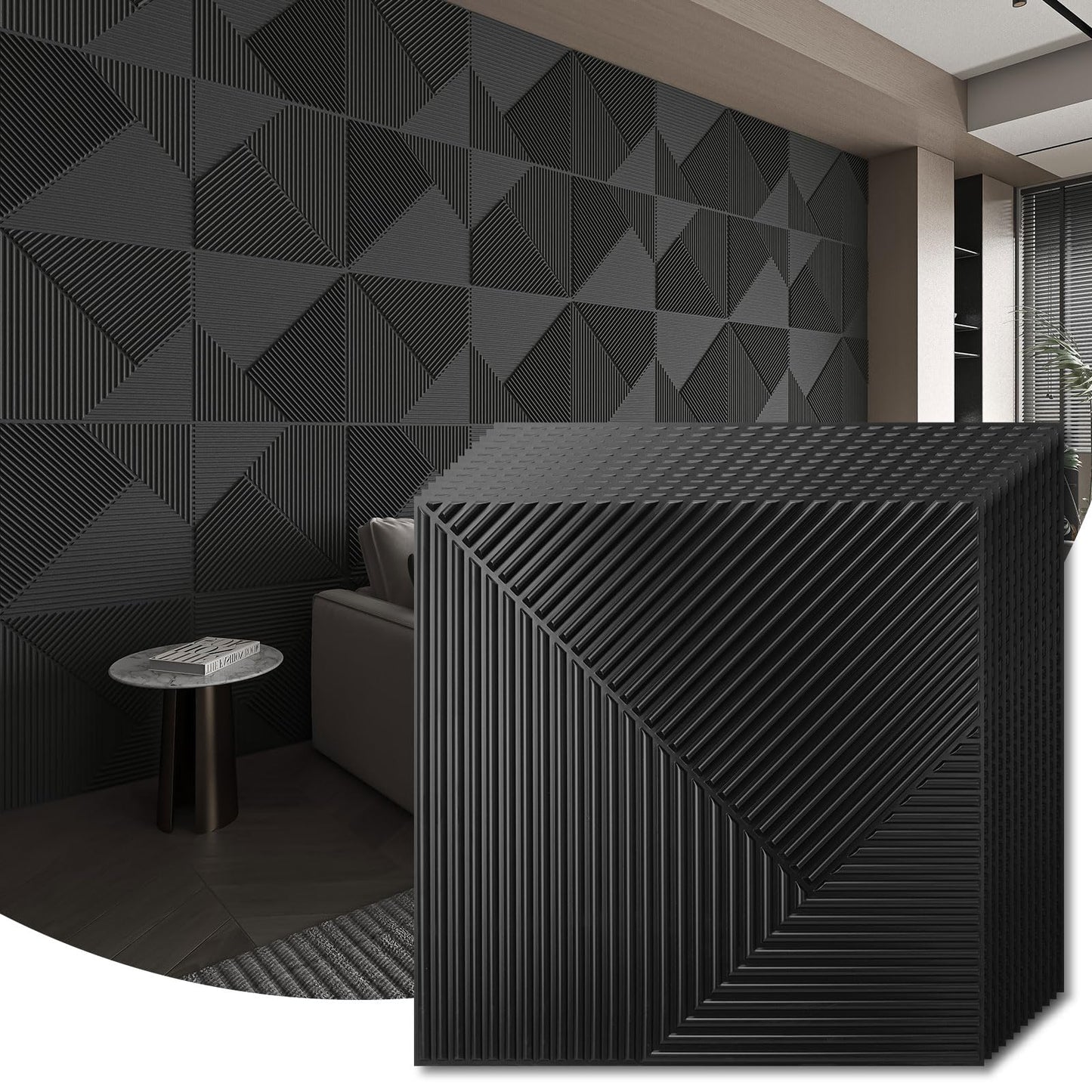 WOWSTAR 12-Pack 3D Wall Panels 19.7" x 19.7", Black Slat Wall Panels for Living Room Wall Decor, Modern Black Wall Covering for Home & Office