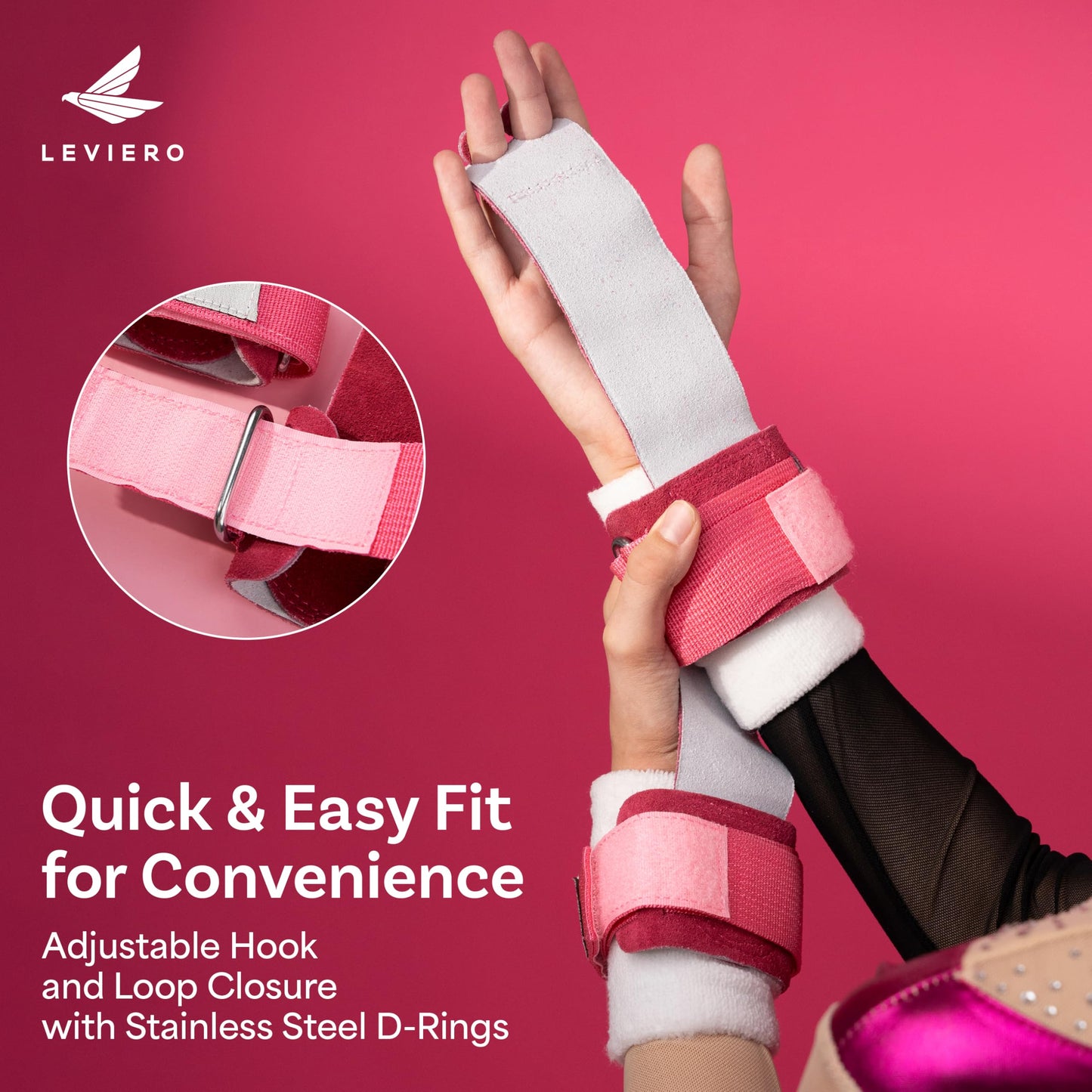 LEVIERO Gymnastics Grips Set, Grips for Gymnastics Girls, Dowel Grips with Soft Leather, Hook and Loop Wrist Straps, and Adjustable Finger Holes, for All Ages - (Pink, 2)