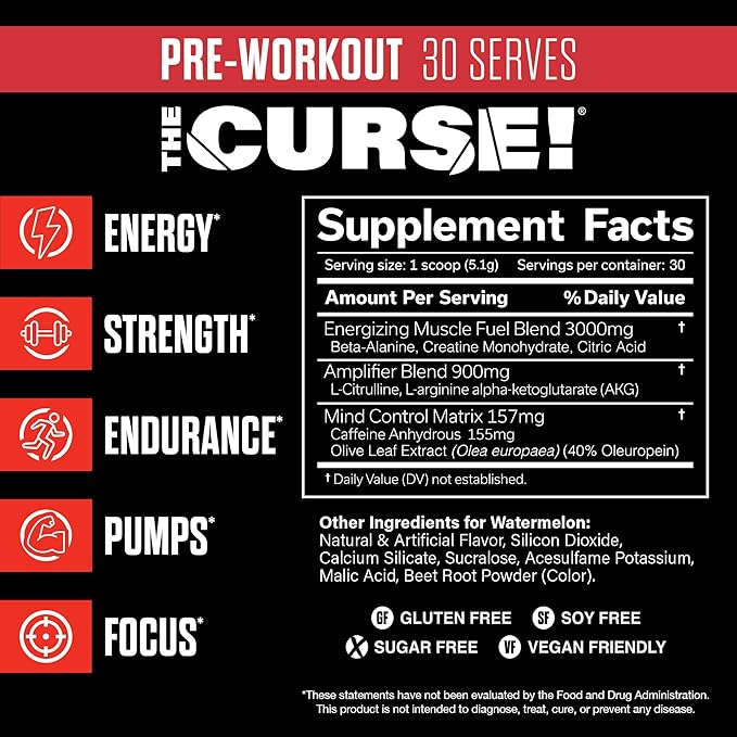 JNX SPORTS The Curse! Pre Workout Powder for Men & Women, Caffeine, Beta-Alanine, Creatine, L-Citrulline, 30 Servings, Watermelon Flavor ??Boost Energy, Strength & Focus
