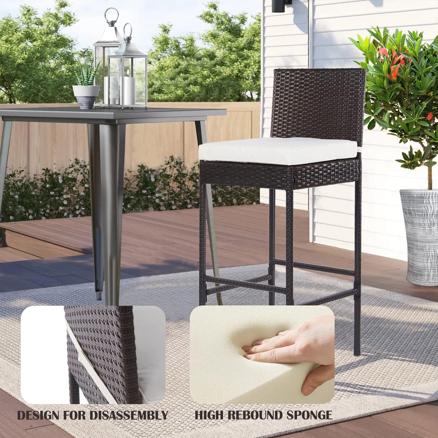 PayLessHere Rattan Bar Stools - Set of 2 Wicker Counter Height Chairs with Backrest & Cushion, Brown