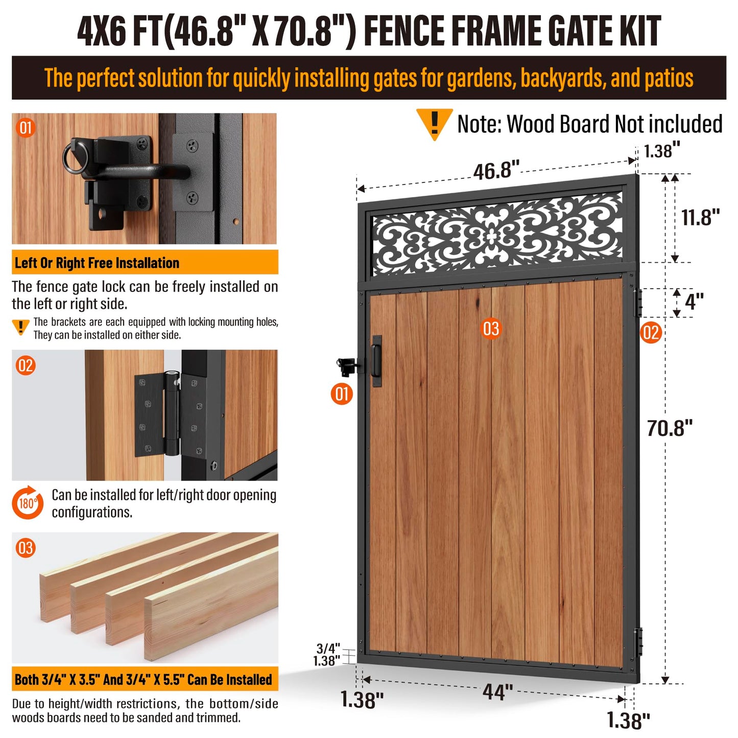 WOWACE 4x6FT Fence Gate Frame Kit 201 Stainless Steel Heavy Duty Garden Gates Anti-Sag Backyard Front Gate Reinforcement Hardware, Left/Right Mount (No Wood Planks Included)