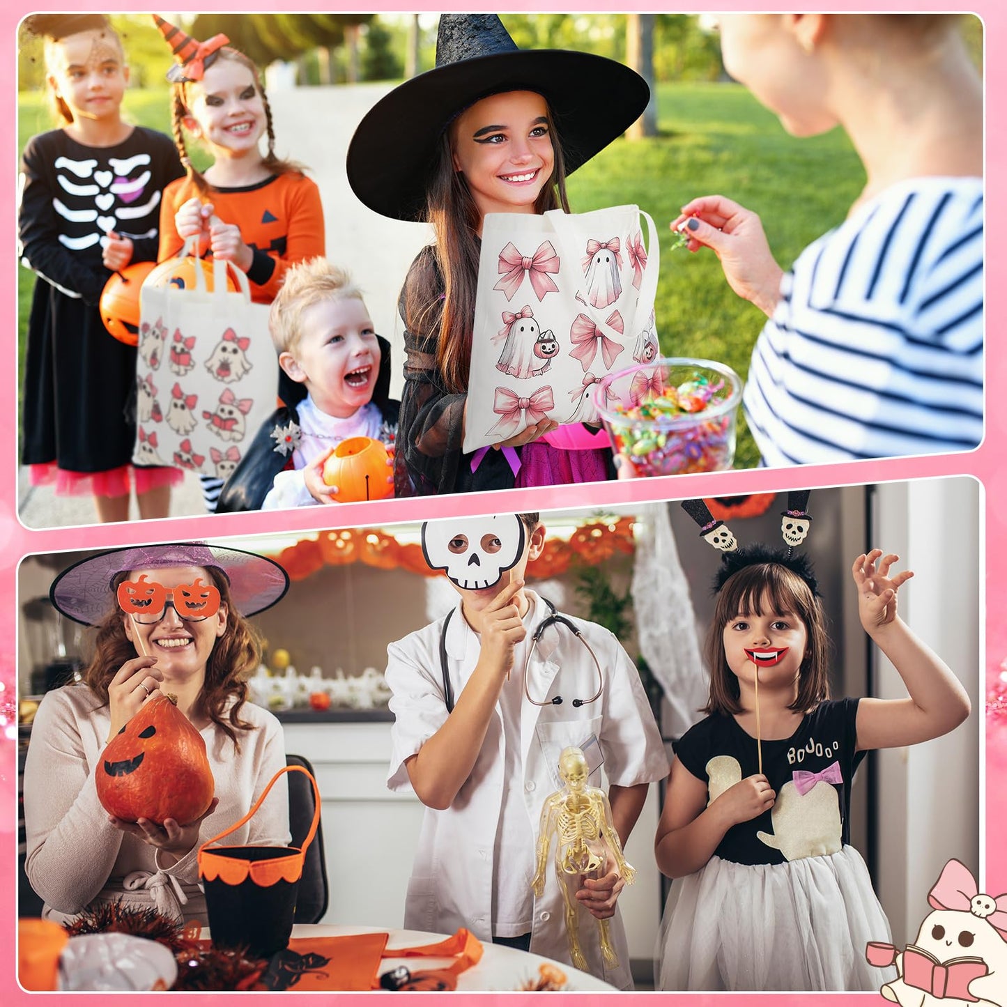 Kosiz 6 Pcs Halloween Tote Bags Bulk Pink Ghost Tote Reusable Trick or Treat Goodie Bags Cute Ghost Canvas with Handles for Halloween Bow Pumpkin Canvas Supplies Shopping Party Favors
