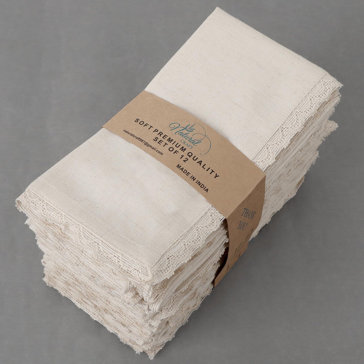 Set of 12 Linen Flax Cotton Cloth Dinner Napkin Washable 18x18 with Lace in Natural Mitered Corners- Ideal for Wedding, Spring, Easter Dinner, Parties and Table Decorations Ivory lace