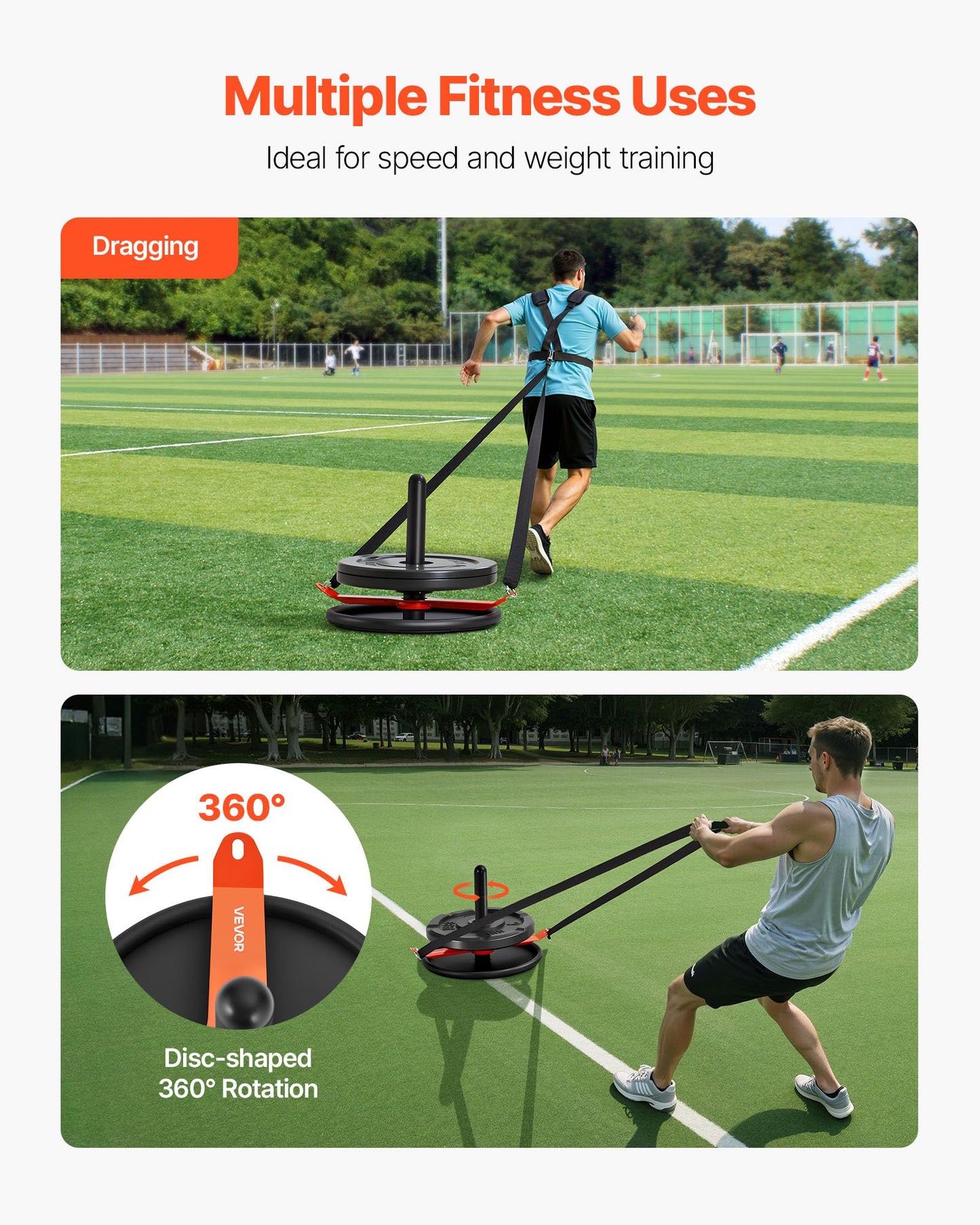VEVOR Weight Sled, Steel Power Sled, Fitness Strength Training Pull Push Running Sled, Fitness Workout Sled Push Gym Equipment, with Harness, Compatible 2 in Weight Plates, Orange & Black