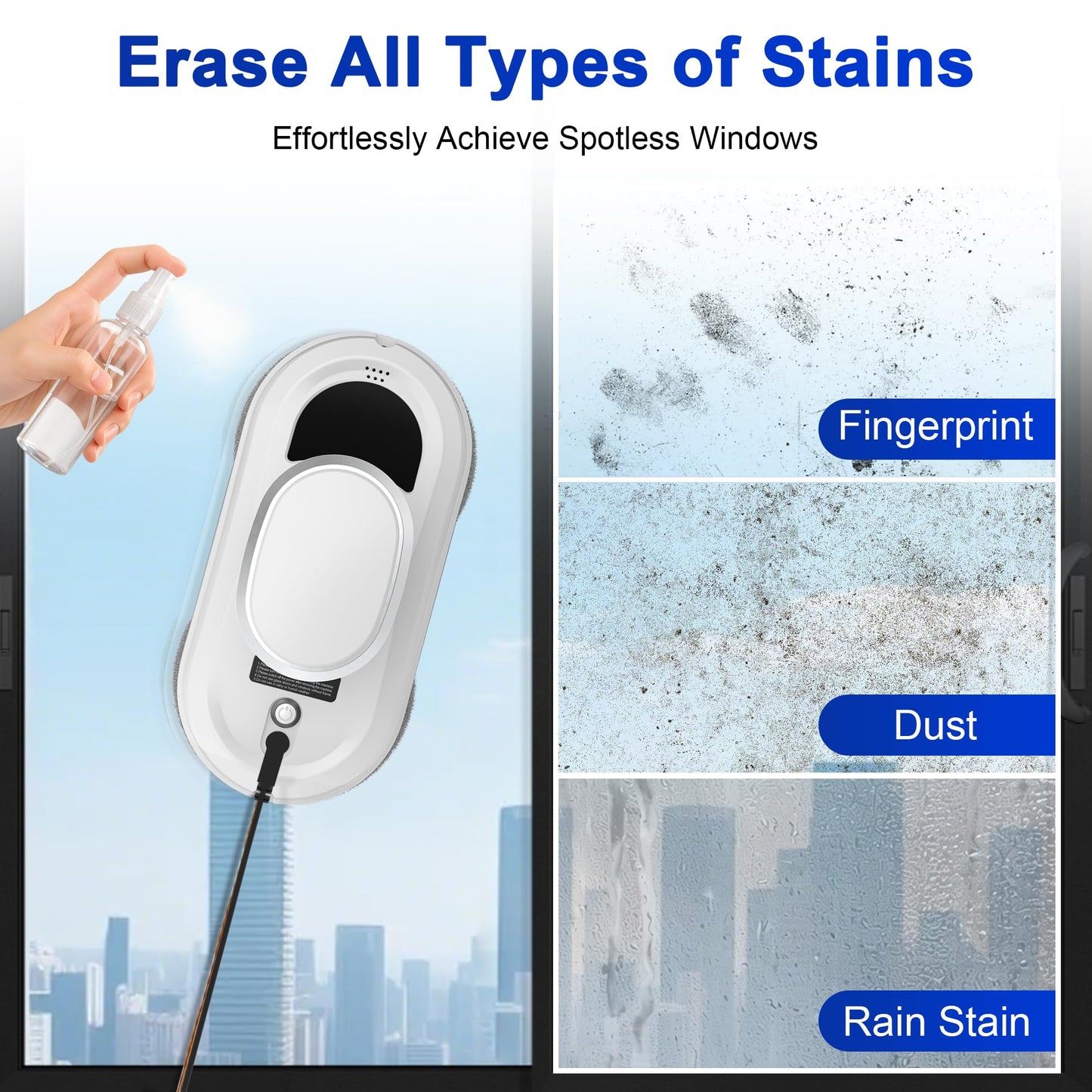 EAEGE Automatic Window Cleaning Robot, Smart Robot Window Cleaner Inside/Outside, 3000Pa Suction, Intelligent Path Planning, Remote Control for high Glass, Shower, Mirror with 10 Rags(White)