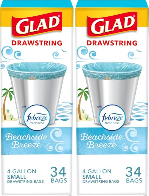 Glad Small Trash Bags - 4 Gallon Odor Resistant with Drawstring | Febreze Beachside Breeze, 34 Count (Pack of 2)