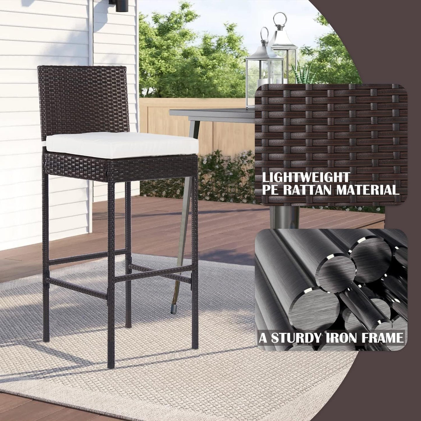 PayLessHere Rattan Bar Stools - Set of 2 Wicker Counter Height Chairs with Backrest & Cushion, Brown