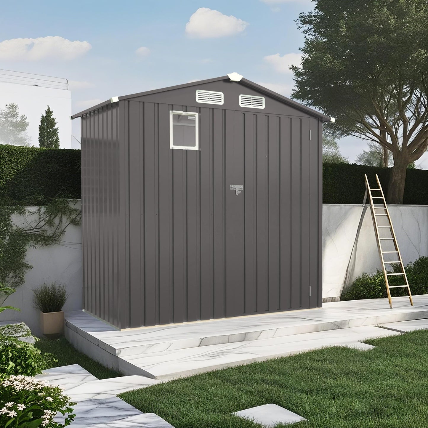 KEIKI 6x4 FT Outdoor Metal Storage Shed with Window and Lockable Door,Peaked Roof for Patio Backyard Garden