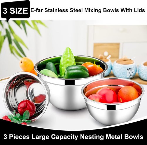E-far Stainless Steel Mixing Bowls - 6-Piece Set with Airtight Lids | Stackable Design, 4.5 QT, 3 QT, 1.5 QT (Black)