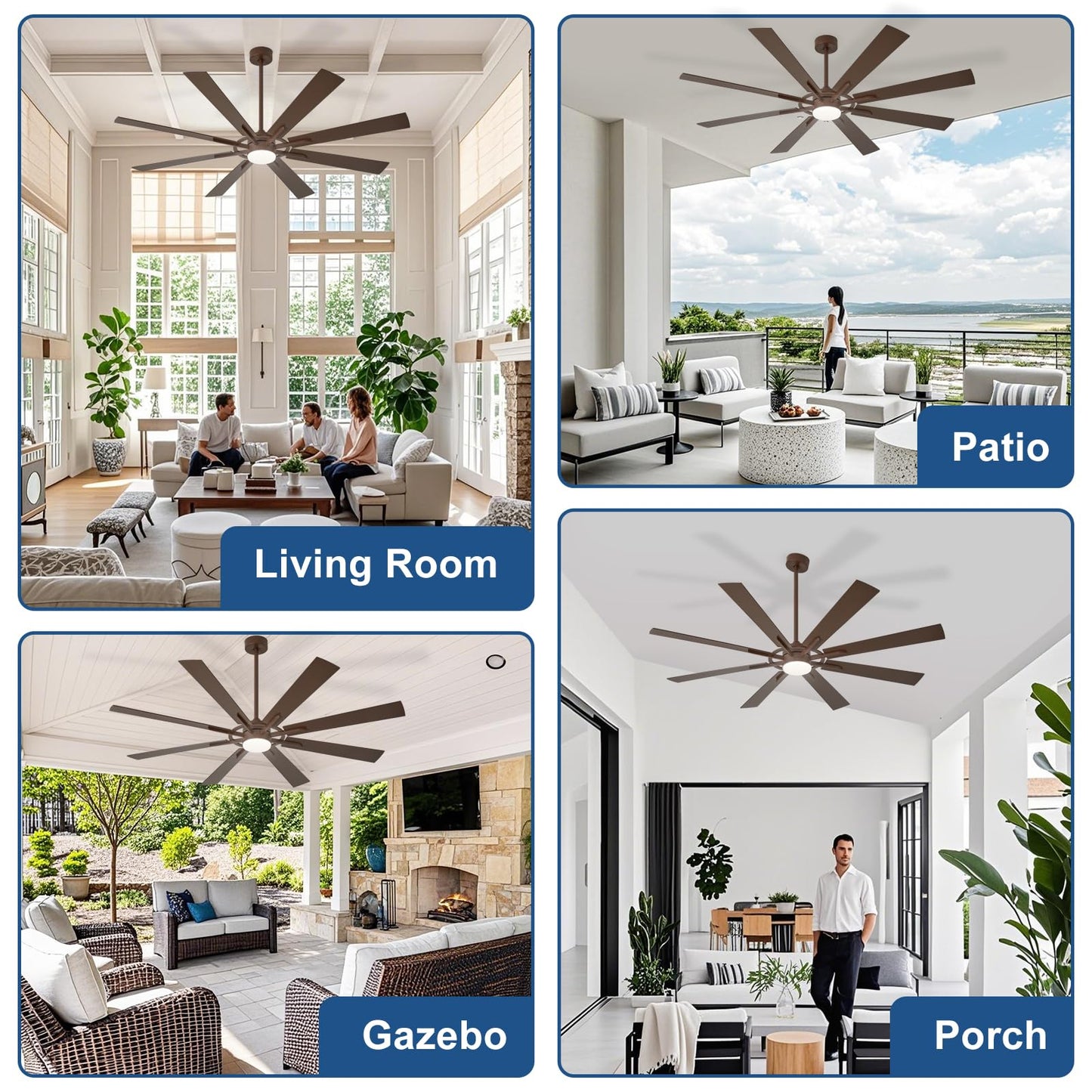 BvenuBigLite Large Ceiling Fans with Lights: Modern 72 Inch 8 Blade Outdoor Ceiling Fan with Remote APP Control - Dimmable Brown Big Fan light Indoor Reversible 6 Speed Quiet DC Motor