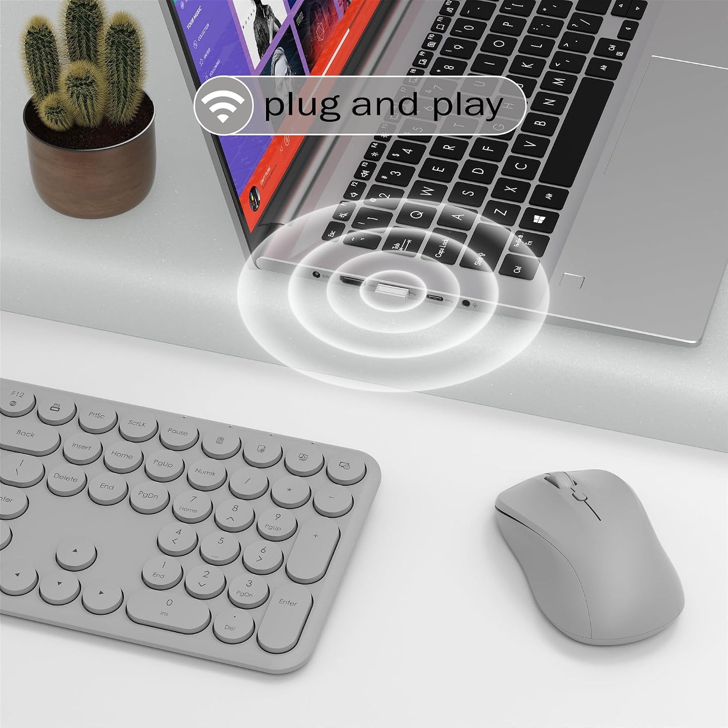 KEQTFT 110 1xUSB Wireless Keyboard and Mouse Combo, Round Quiet Keys, Adjustable Optical Mouse, Share Receiver, Power