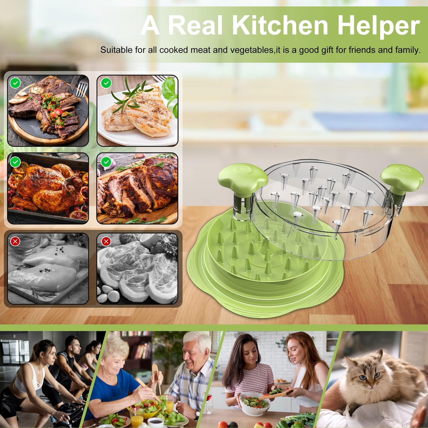 SURETIVIAN Chicken Shredder Tool Twist Large Chicken Breast Shredder with Brush&Fork, Visible Meat Shredder Machine, Anti-Slip Strip, Ergonomic Handle, BPA Free, Suitable for Pork Beef Chicken(Matcha)
