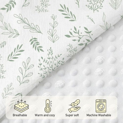 GLLQUEN Baby Blanket - Soft Muslin Cotton Front with Dotted Fleece Backing | Unisex Greenery 30 x 40 Inches