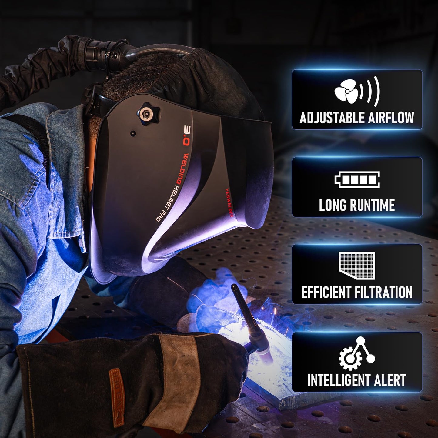 YESWELDER Powered Air Purifying Respirator, True Color Auto Darkening Welding Helmet with PAPR System, Three Airflow Control Levels