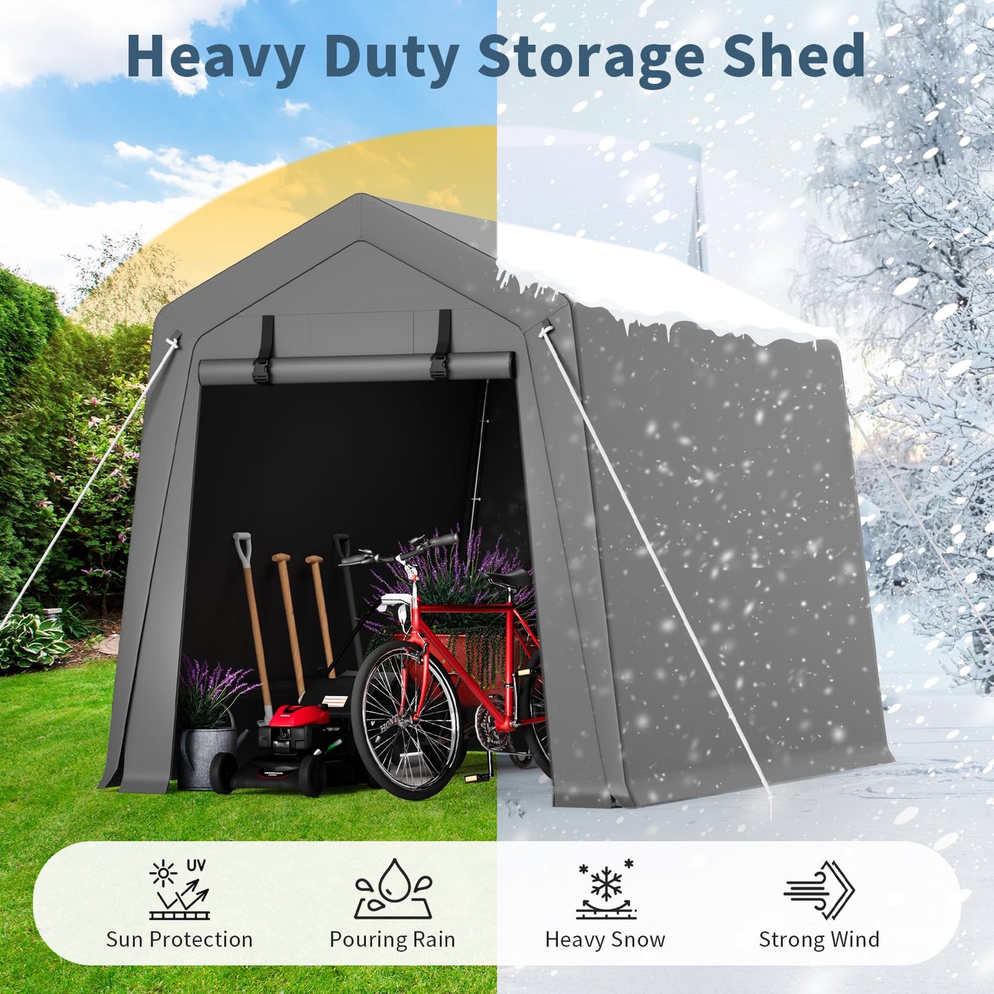 GAOMON 6'x6' Outdoor Portable Garage, Waterproof & UV-Resistant Storage Shed with 2 Roll-Up Doors, Carport Tent for Motorcycle, Bike, and Tools, Gray