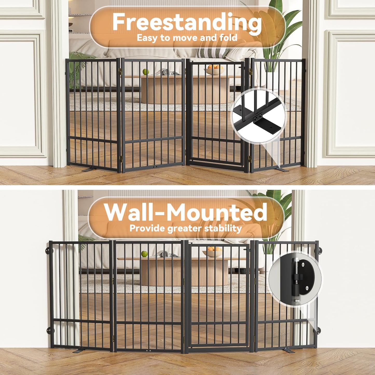 SNUOWU Full Metal Freestanding Dog Gate with Door, 32''Height Foldable Pet Dog Fence for Indoor & Outdoor, 4 Panels Extra Wide Free Standing TallDog Gates for Doorways,House,Stairs,Porch,Deck,Yard